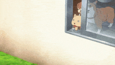 a dog looking out of a window with a girl behind it