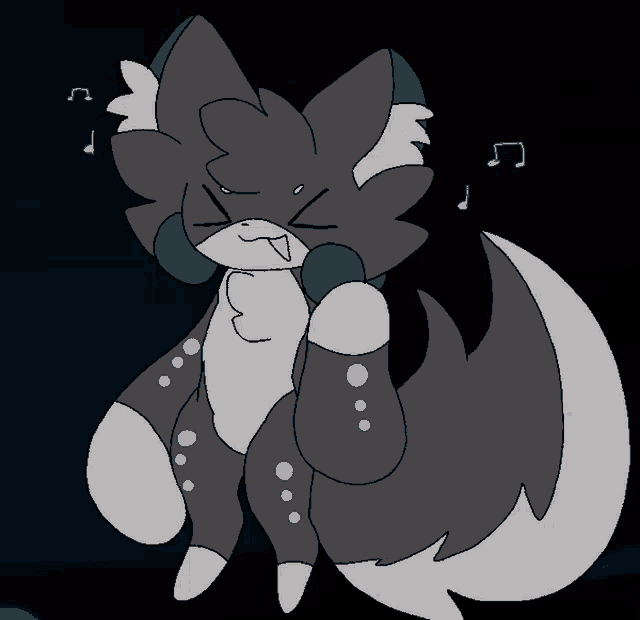 a cartoon drawing of a gray and white animal with blue dots on its feet
