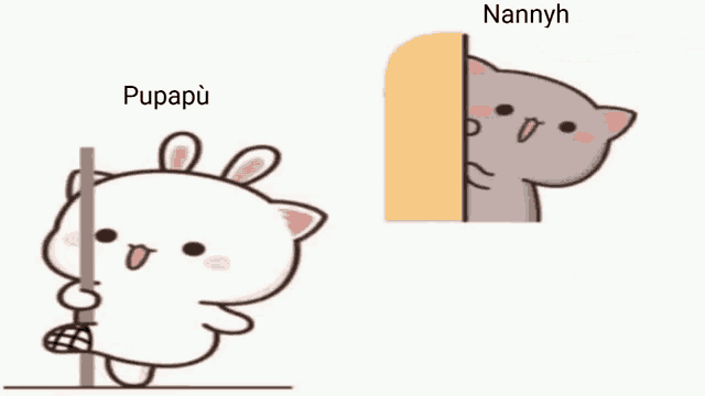a cat and a rabbit are standing next to each other with the words pupapu and nannyh written on the bottom