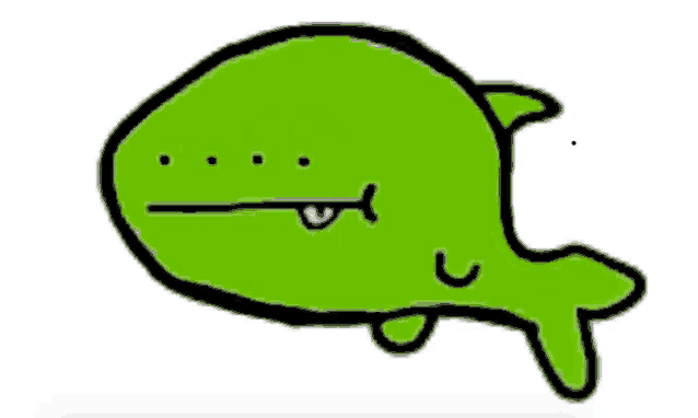 a cartoon drawing of a green whale with its tongue hanging out .