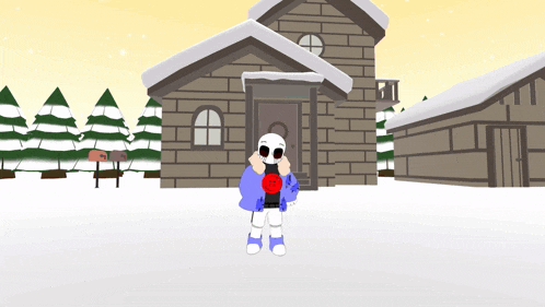 a cartoon character is standing in front of a snowy building