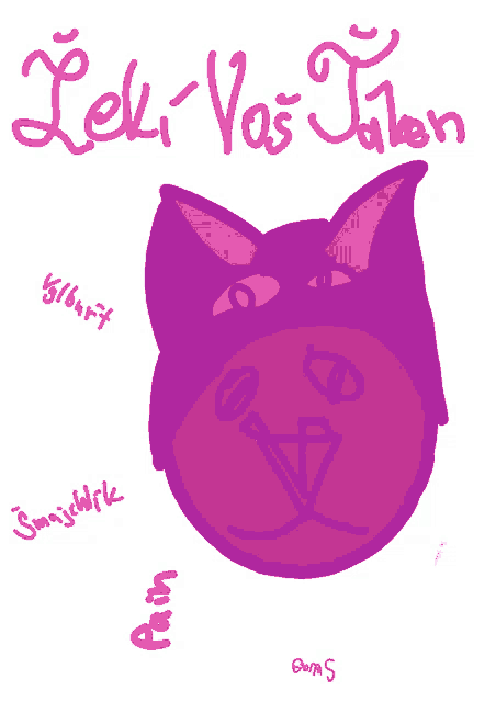 a drawing of a cat with the words " leki vas jalen " written on it