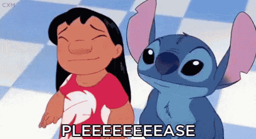 lilo and stitch are standing next to each other on a checkered floor and stitch is saying pleeeeeeease