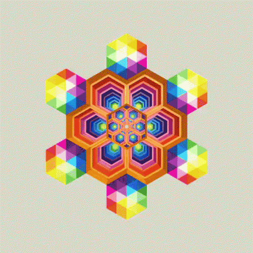 a colorful geometric pattern that looks like a flower with a yellow center