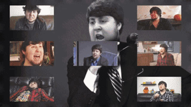 a man in a suit and tie is surrounded by a collage of his faces