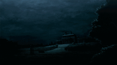 a painting of a house with a fence in front of it at night