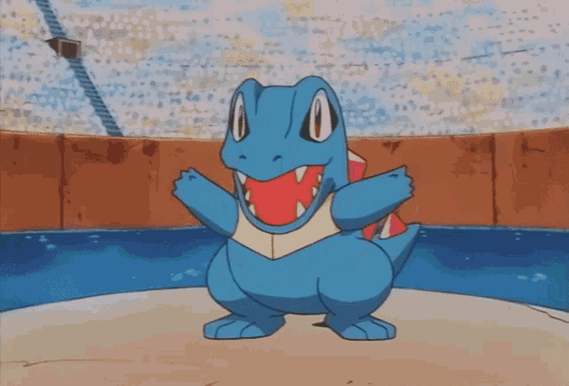 a cartoon of a blue dinosaur with its mouth open