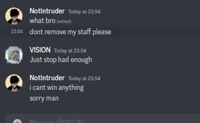 a screenshot of a text conversation between notintruder and vision