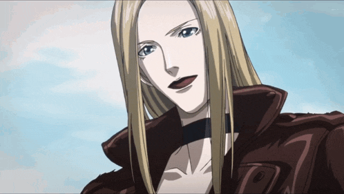 a woman with long blonde hair is wearing a choker and a brown jacket