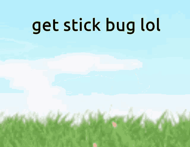 a cartoon of a girl standing in a field with the words get stick bug lol