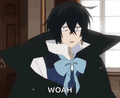 a black haired anime character with a bow tie is standing in front of a window and making a funny face .