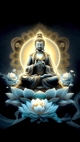 a statue of a buddha is surrounded by lotus flowers