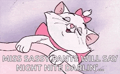 a cartoon cat with a pink bow on its head is laying down and saying `` miss sassy pants will say night nite darlin ''
