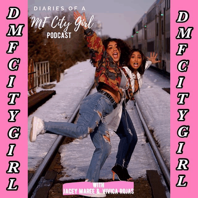 a pink poster for diaries of a mf city girl podcast