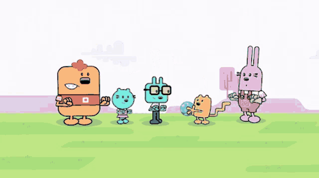 a group of cartoon characters are standing on a field
