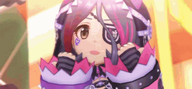 a close up of a cartoon girl wearing a pink and purple outfit and glasses .