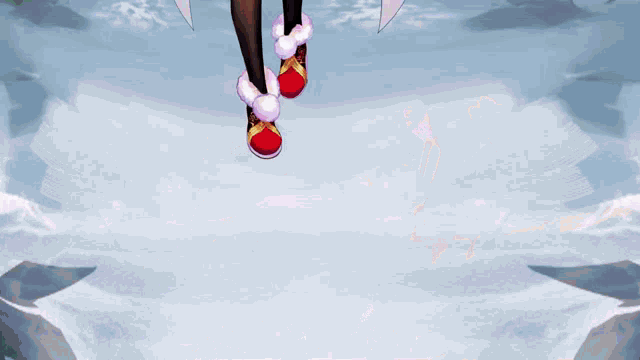 a woman 's legs are shown with red shoes and black stockings
