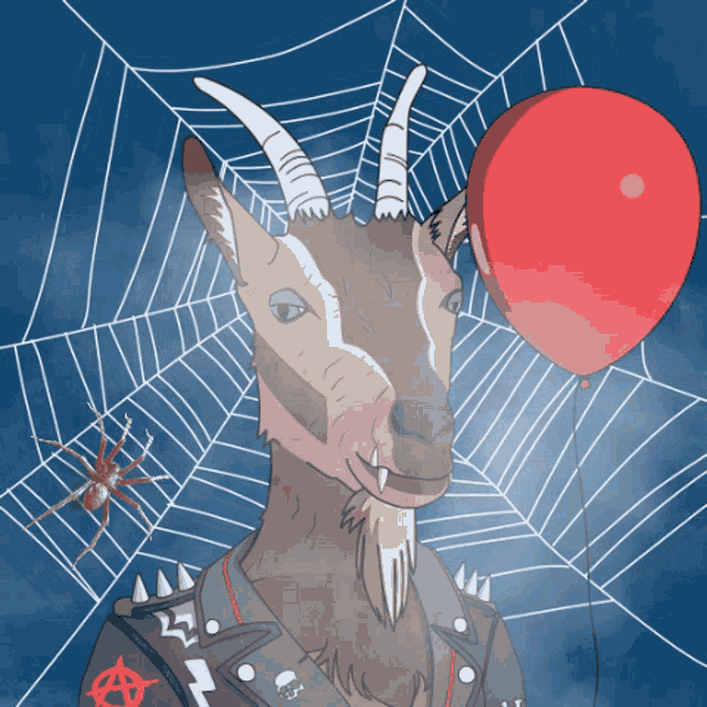 a drawing of a goat with a red balloon
