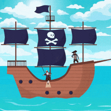 a pirate ship has a skull and crossbones flag on the mast
