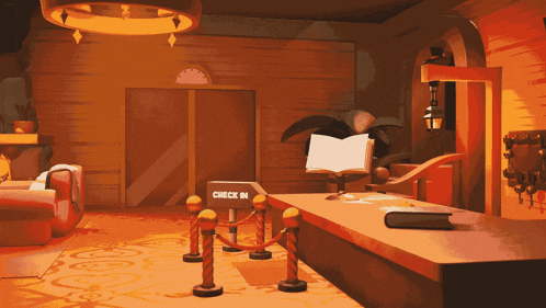 an illustration of a room with a check in sign in front of it
