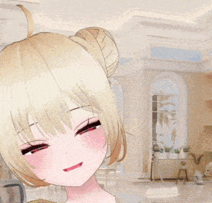 a girl with blonde hair and red eyes is holding a cup of coffee