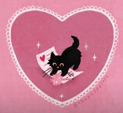a drawing of a black cat in a pink heart