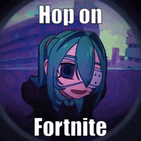 a picture of a girl with the words hop on fortnite on the bottom