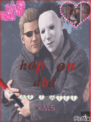a couple of men hugging each other with the words hop on dbd written on the bottom