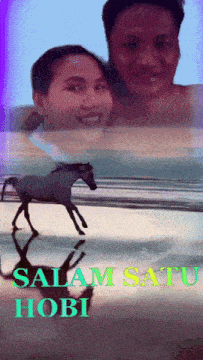 a picture of a man and woman with a horse on the beach and the words salam satu hobi