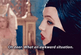 a close up of a woman 's face with the words `` oh dear what an awkward situation . ''