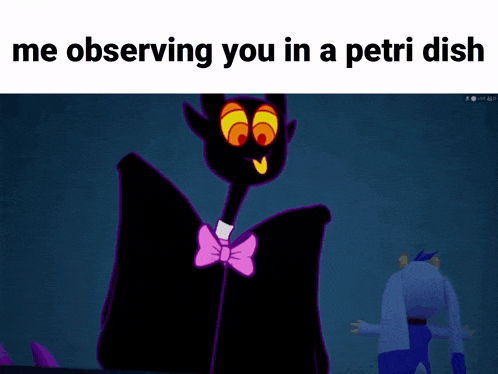 a cartoon character with a purple bow tie is standing next to a monster .
