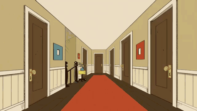 a hallway with a red carpet and a few doors