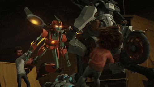 a man and a girl are standing in front of a robot that says transformers