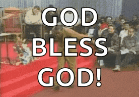 a poster that says god bless god in front of a crowd of people