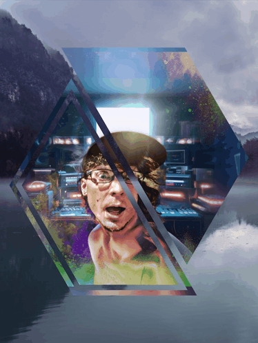 a man with glasses and a bandana is surrounded by geometric shapes and a lake