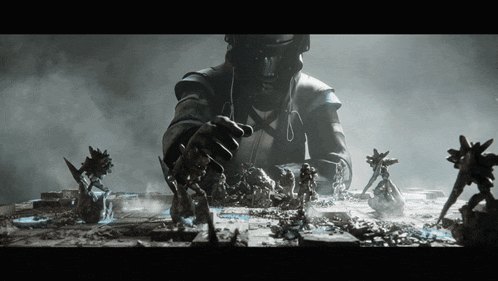 a man in a gas mask is playing a game of chess with figurines on a table