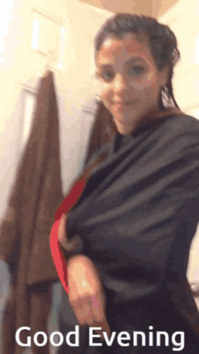 a picture of a woman with the words " good evening " on it