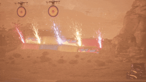 a monster truck that looks like a dog is flying through the air in the desert