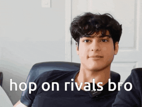 a young man sitting in a chair with the words hop on rivals bro written below him