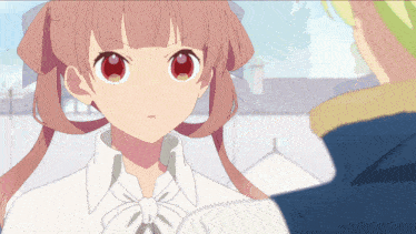 a girl with pink hair and red eyes looks at a man