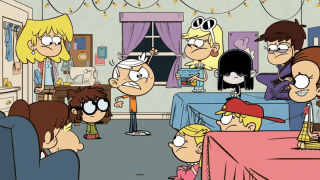 a group of loud house characters are gathered in a living room