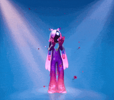 a cartoon character in a purple and pink outfit is waving
