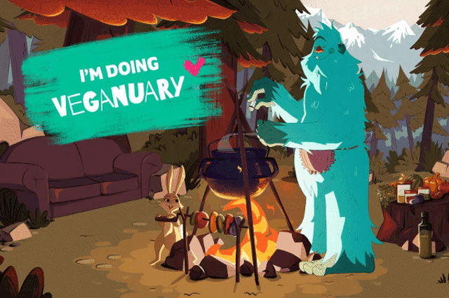 a poster that says i 'm doing veganuary with a blue monster