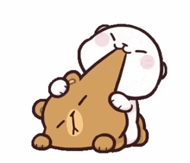 a cartoon bear is holding a brown teddy bear .