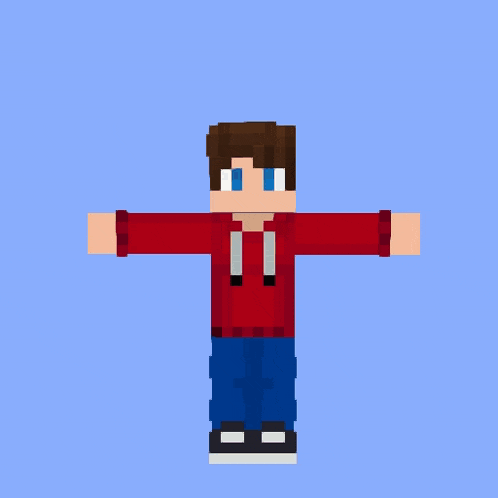 a minecraft character with a red hoodie and blue jeans is standing with his arms outstretched
