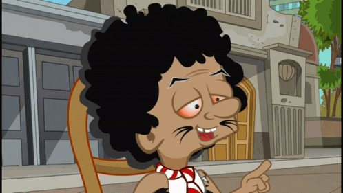 a cartoon character is pointing at something with his finger