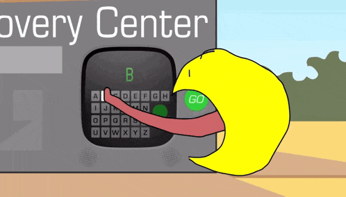 a cartoon of a yellow object with a tongue sticking out and the word recovery center written above it