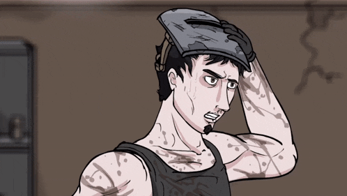 a cartoon of a man wearing a welding mask on his head