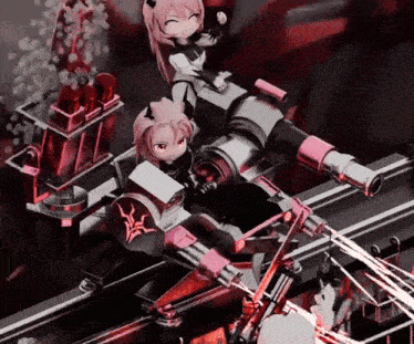 a cartoon girl is sitting on a machine with a red emblem