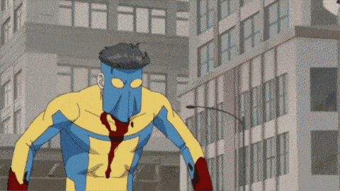 a cartoon of a man in a blue and yellow superhero outfit